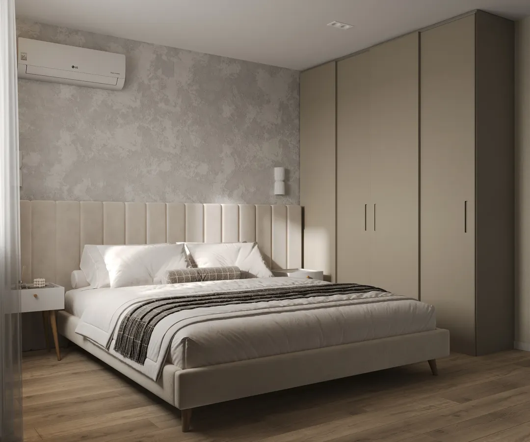 ЖК Жемчужная — спальня с мягким капитонированным изголовьем и шкафом-купе