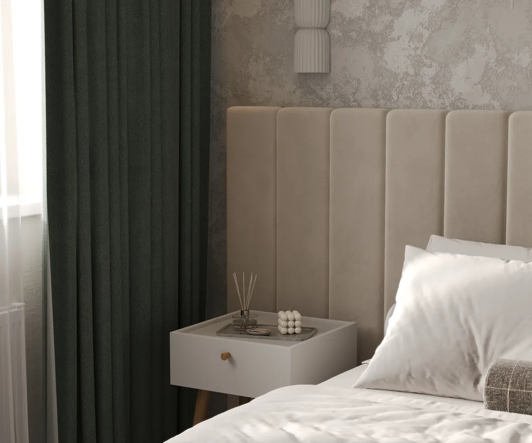 ЖК Жемчужная — спальня, крупный план: прикроватная тумба и мягкое изголовье