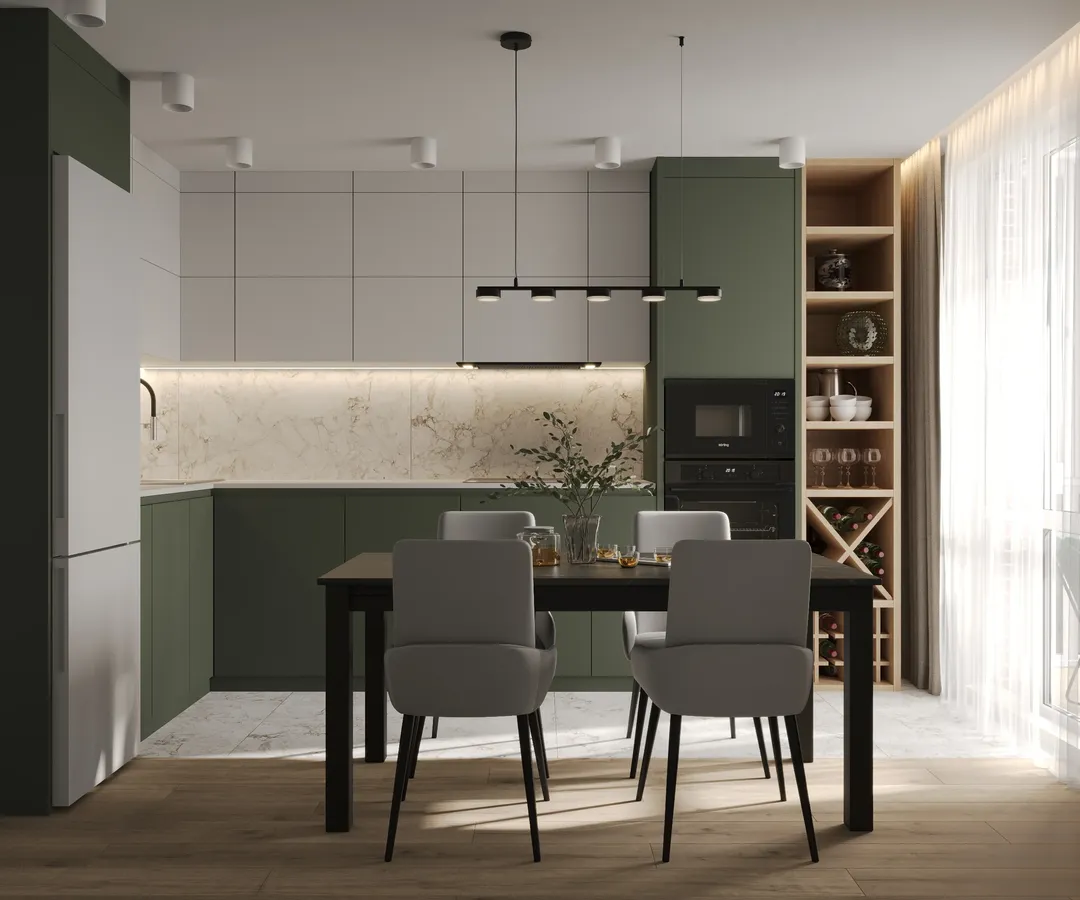 ЖК Жемчужная — кухня, второй ракурс: вид на весь гарнитур и открытый стеллаж