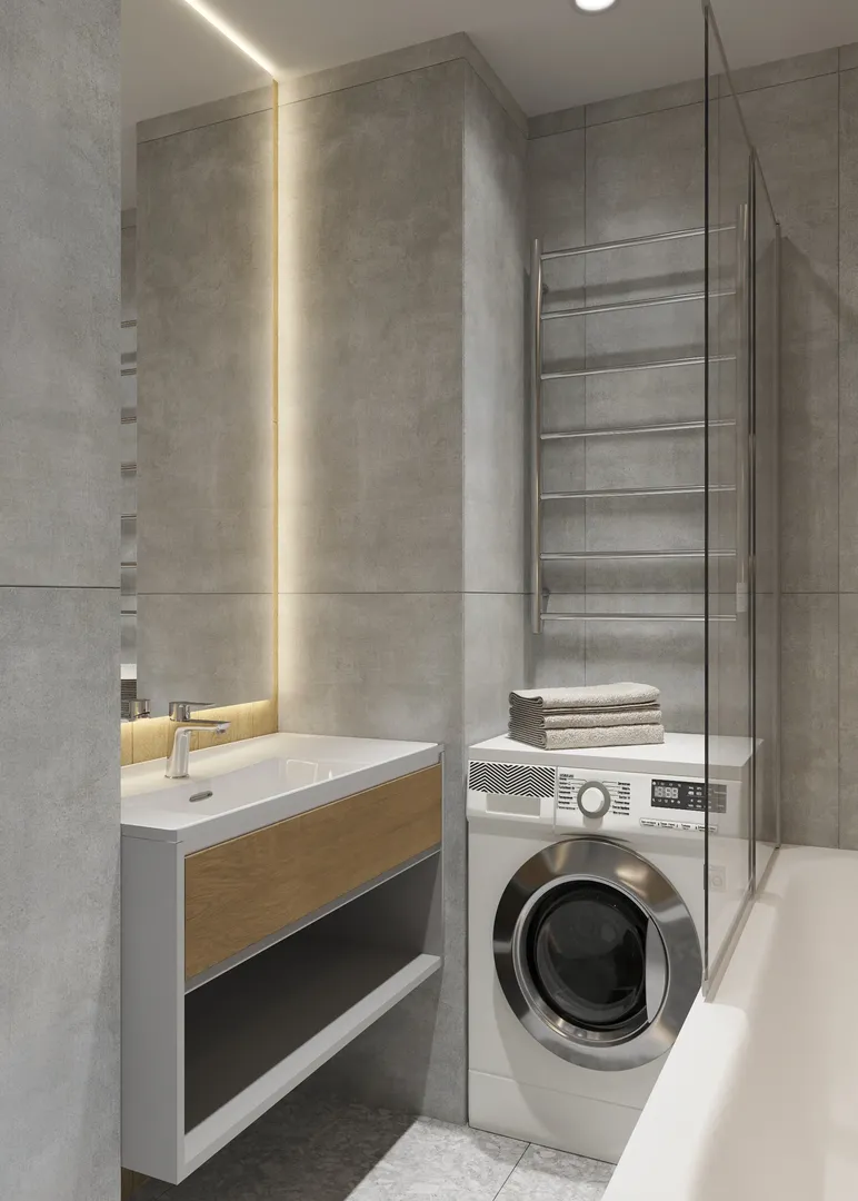 ЖК Жемчужная — ванная комната с серой плиткой под бетон и встроенной стиральной машиной